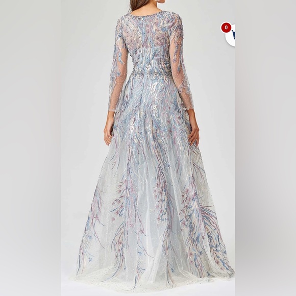 LARA Long Sleeve Silver and Blue Gown - Picture 2 of 2